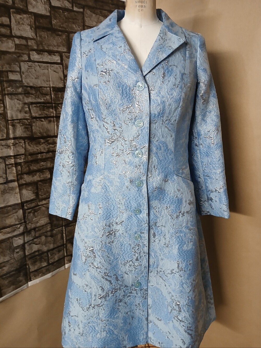 Teri Jon By Rickie Freeman Light Blue Brocade Dress Coat with Silver Accents